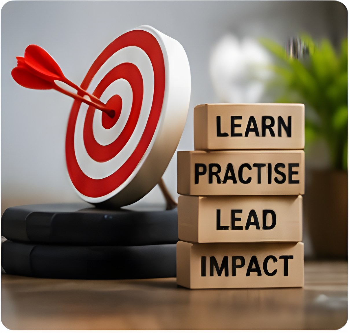 Archery target with blocks reading Learn, Practise, Lead, Impact